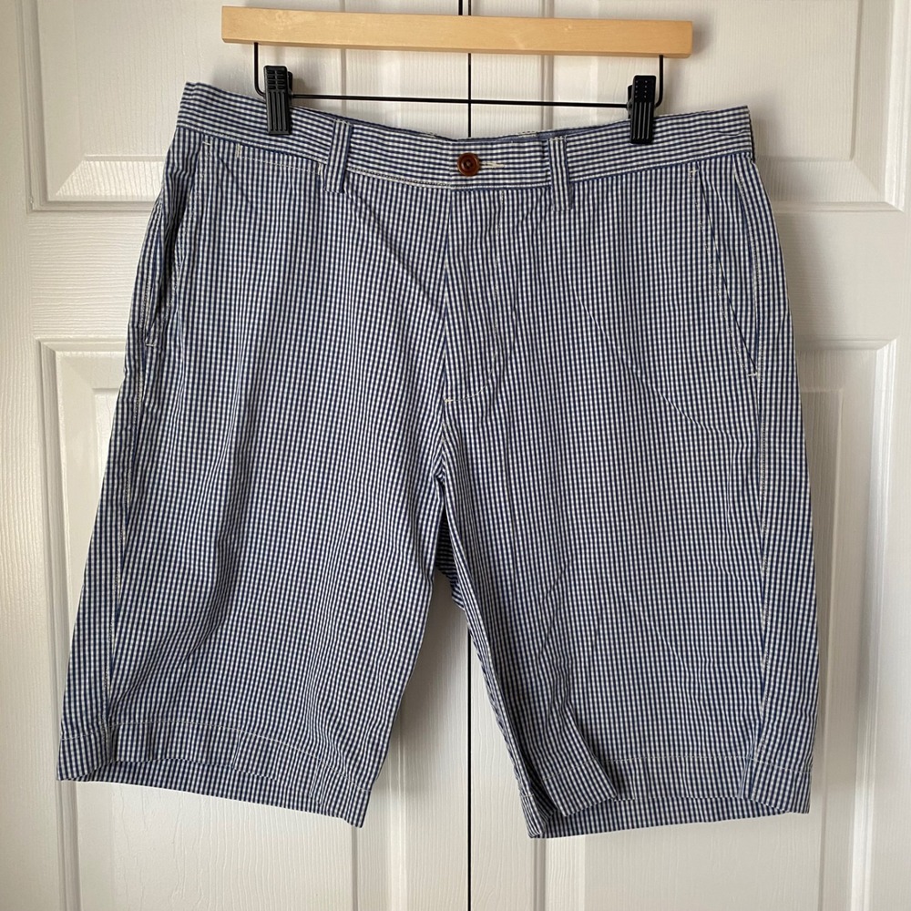 J.Crew Club Short Mens‎ 34 Blue Gingham Plaid 100% Cotton Flat Front Chino Prepy